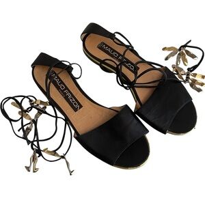 Maud Frizon Black Ankle Tie Sandals with GoldAccent/Stiletto Beads 35(4.5-5)